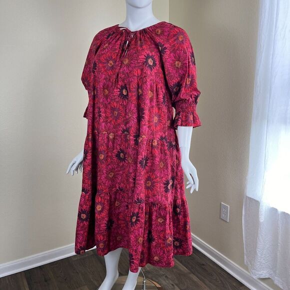 Coco + Jase Custom Womens Size XL Red Floral Cotton Pullover Midi Dress Art Boho - Picture 9 of 13
